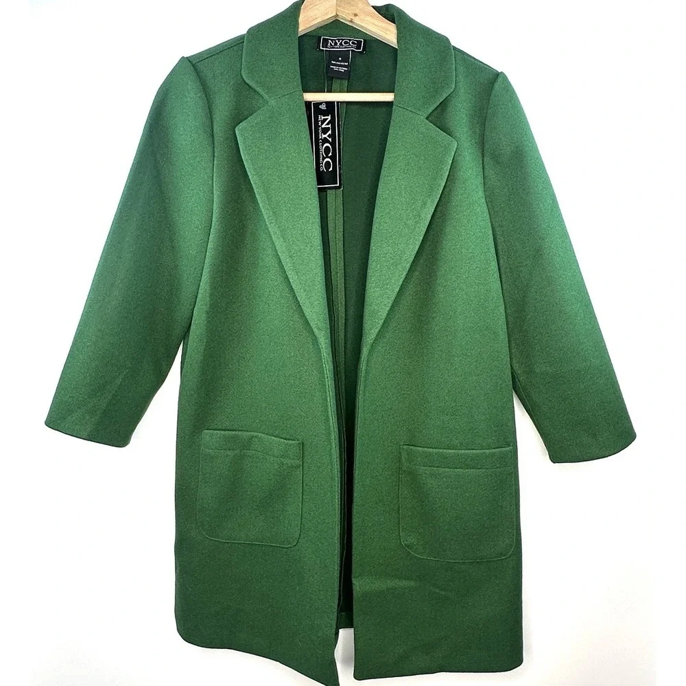 NYCC Womens Open Front Green Overcoat Crepe 3/4 Sleeve Pockets Small NEW